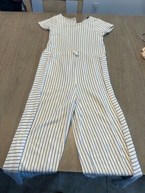 Ara Cream and Blue Striped Short-Sleeve Jumpsuit